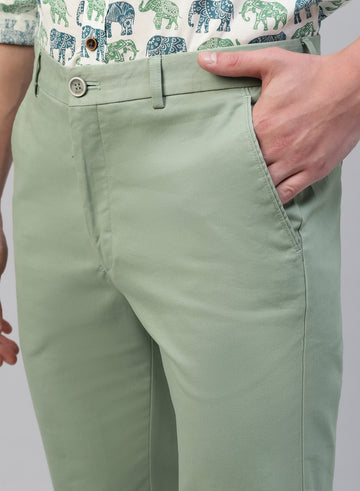 Light Green 100% Cotton Solid Casual Trouser