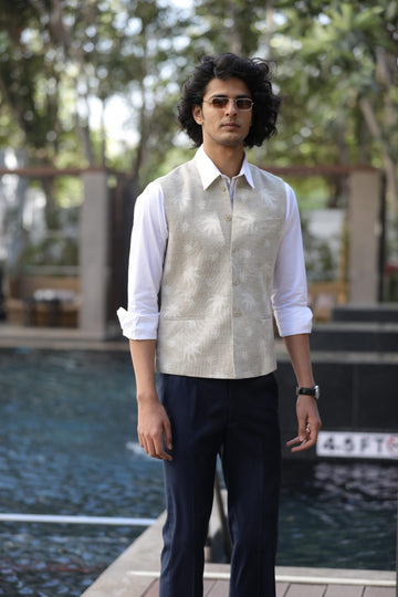 Beige Hemp Cotton Nehru Jacket