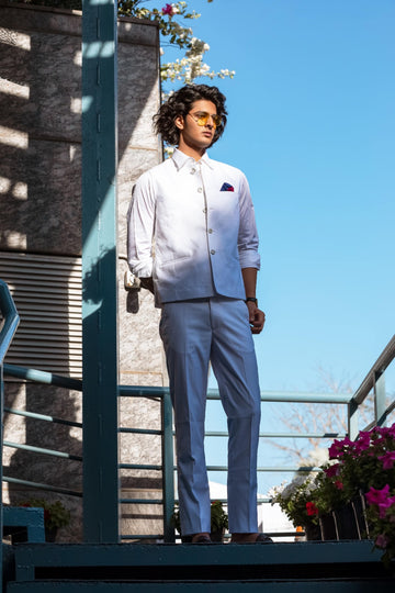 White Solid linen Hemp Nehru Jacket