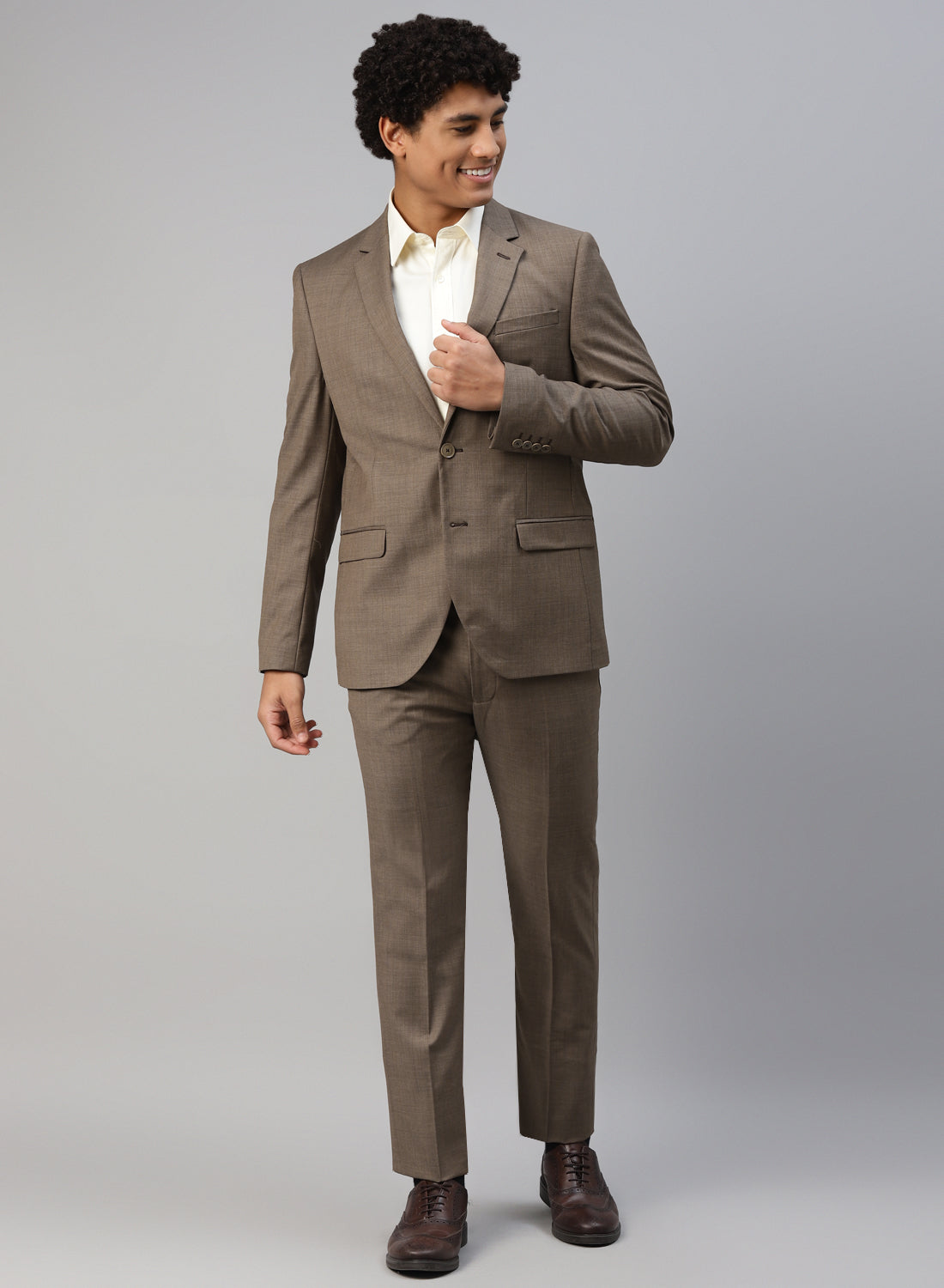 Light Brown Solid Polywool 2pcs Suit