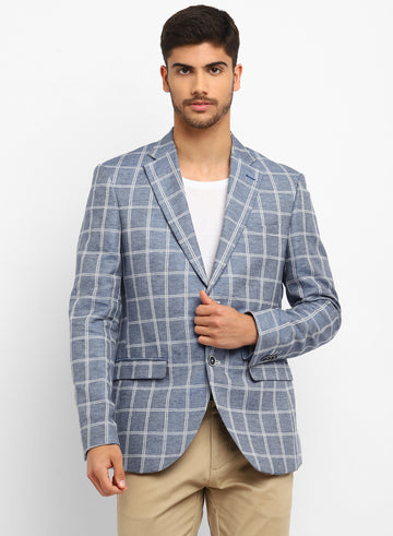 Blue Linen Check Notch Collar Jacket