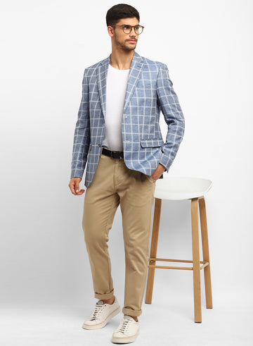 Blue Linen Check Notch Collar Jacket