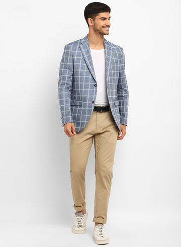 Blue Linen Check Notch Collar Jacket