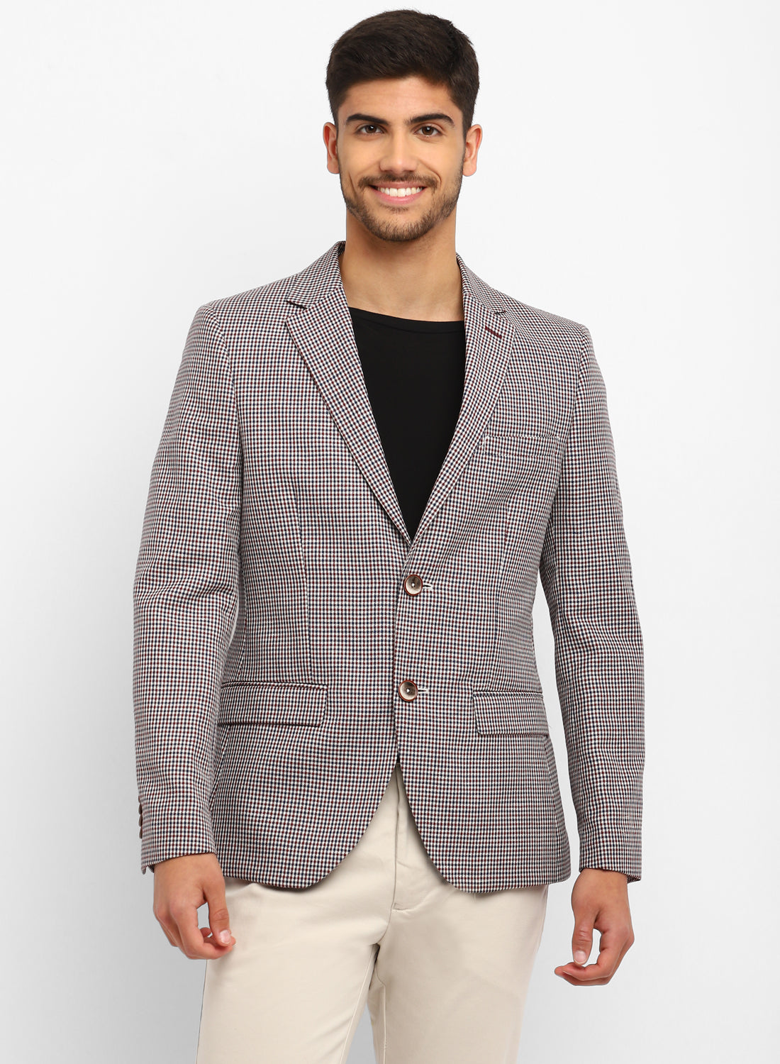 Beige Linen Check Notch Collar Jacket