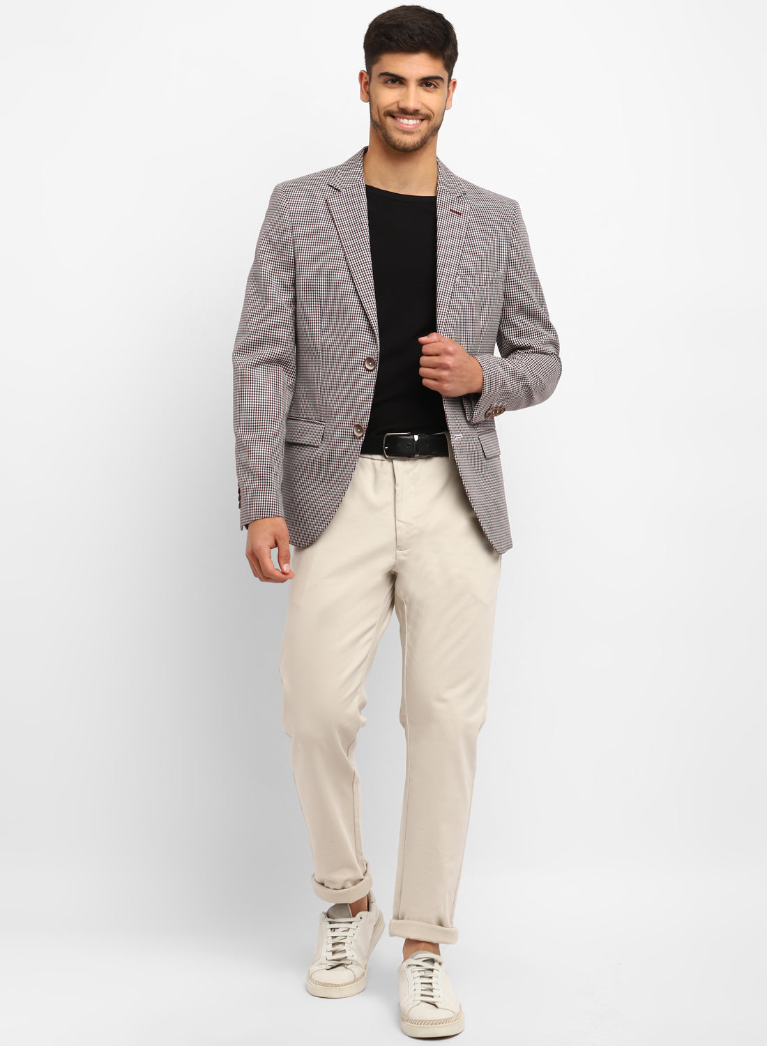Beige Linen Check Notch Collar Jacket