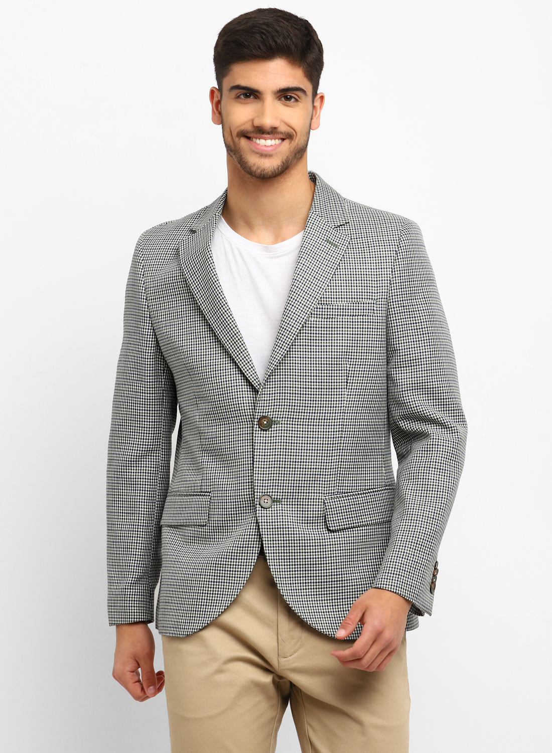 Blue Linen Check Notch Collar Jacket