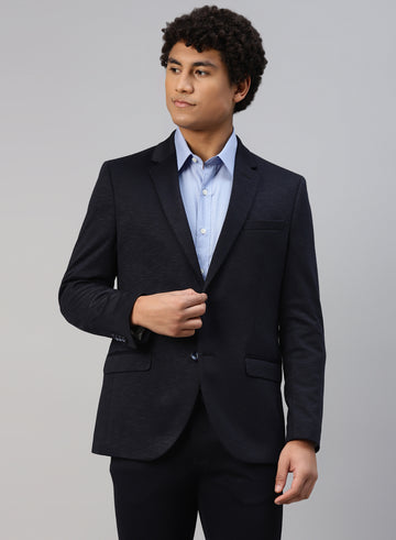 Navy Blue Knit Notch Jacket