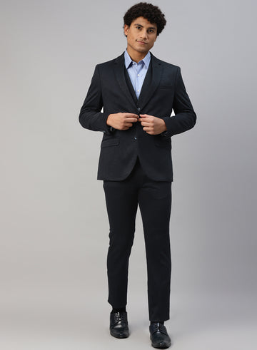 Navy Blue Knit Notch 3pcs Suit
