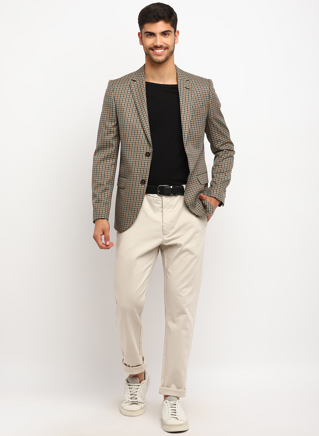 Beige Check Notch Collar Jacket