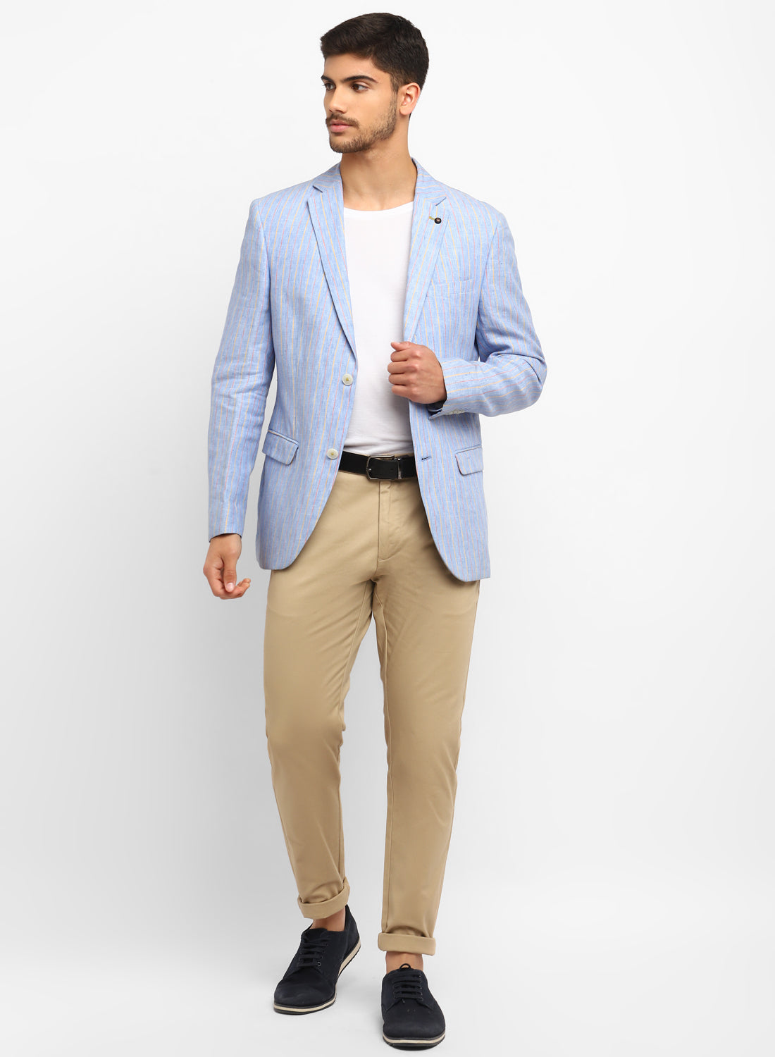 Blue Cotton Stripe Notch Collar Jacket