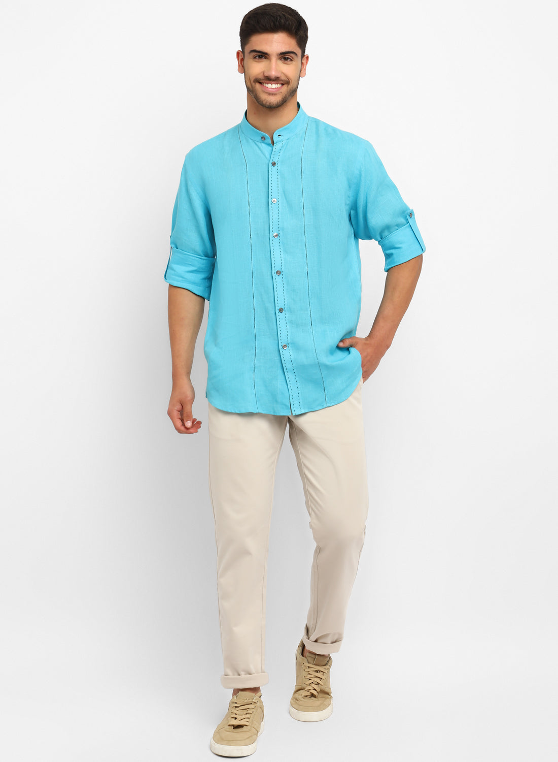 Turquoise Linen Designer Casual Shirt