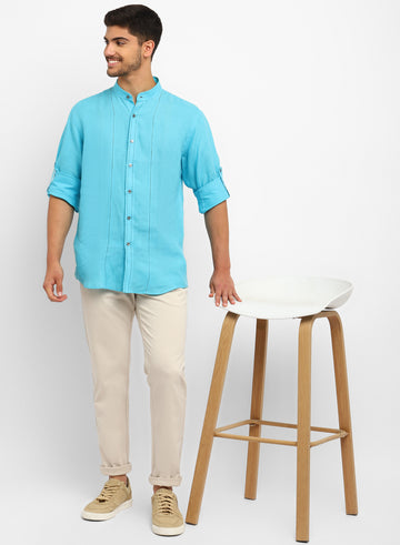 Turquoise Linen Designer Casual Shirt