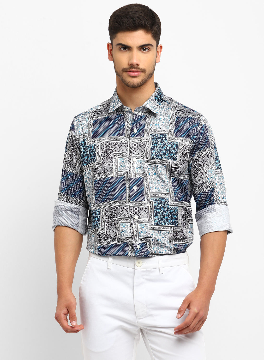 Blue & Grey Cotton Printed Full Sleeve Shirt
