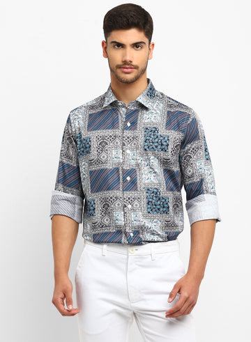 Blue & Grey Cotton Printed Full Sleeve Shirt