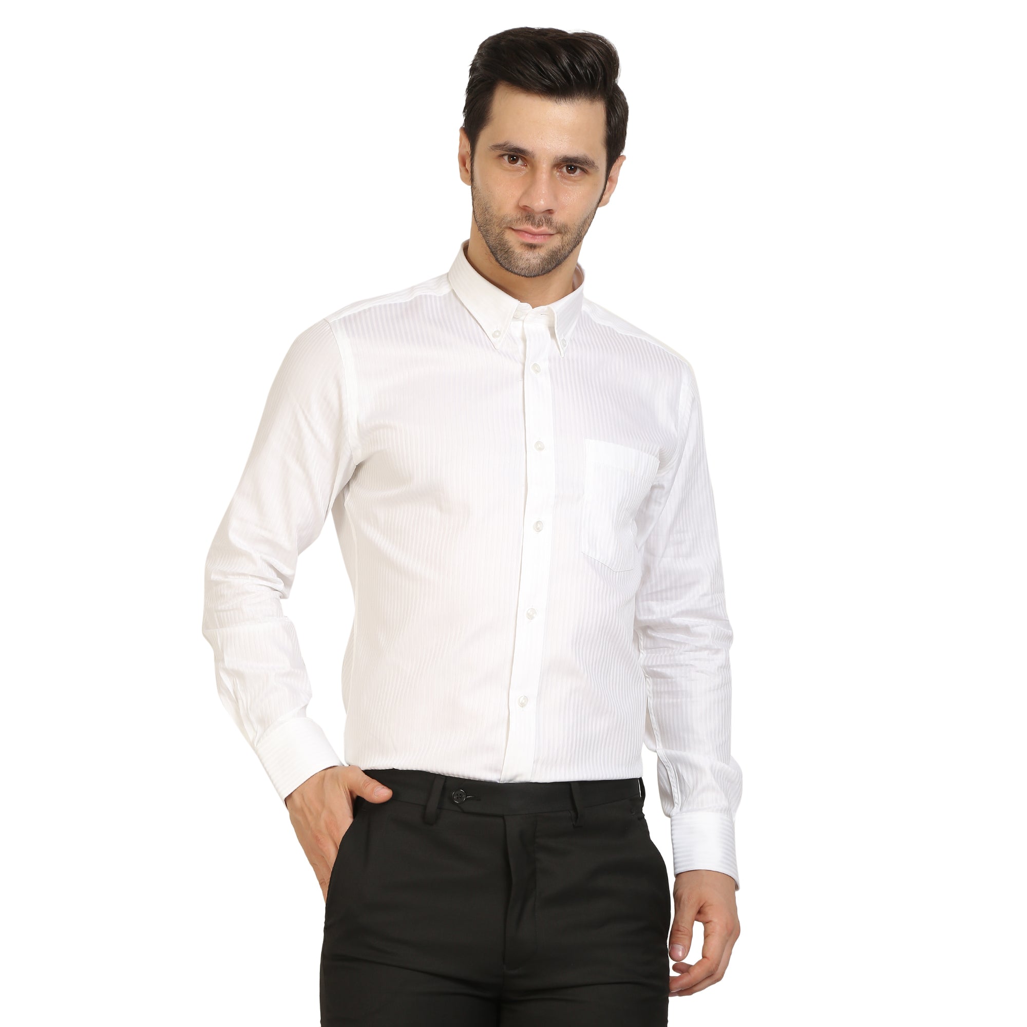 White Cotton Button Down Self Stripe Shirt