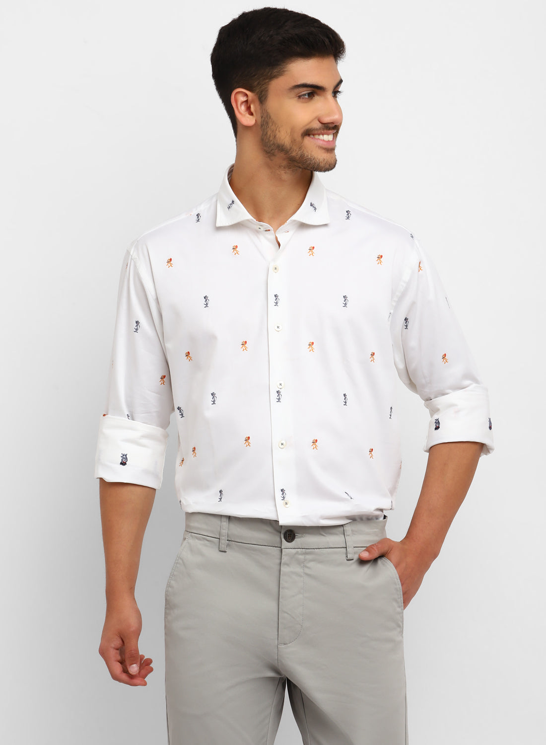 White Cotton Cartoon Printed Full Sleeve Shirt