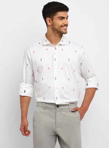 White Cotton Cartoon Printed Full Sleeve Shirt