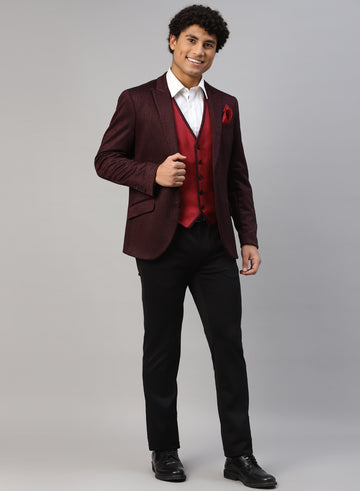 Black & Maroon Self Woven 3pcs Suit