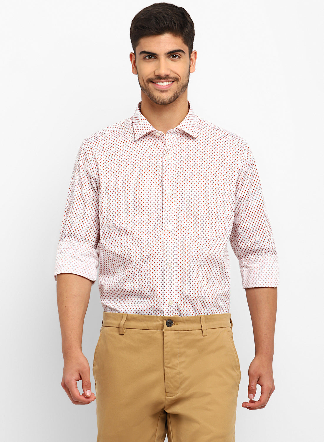 White & Red Cotton Printed Full Sleeve Shirt