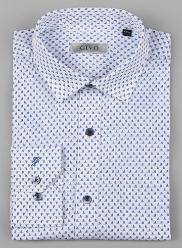 White & Blue Cotton Printed Casual Shirt